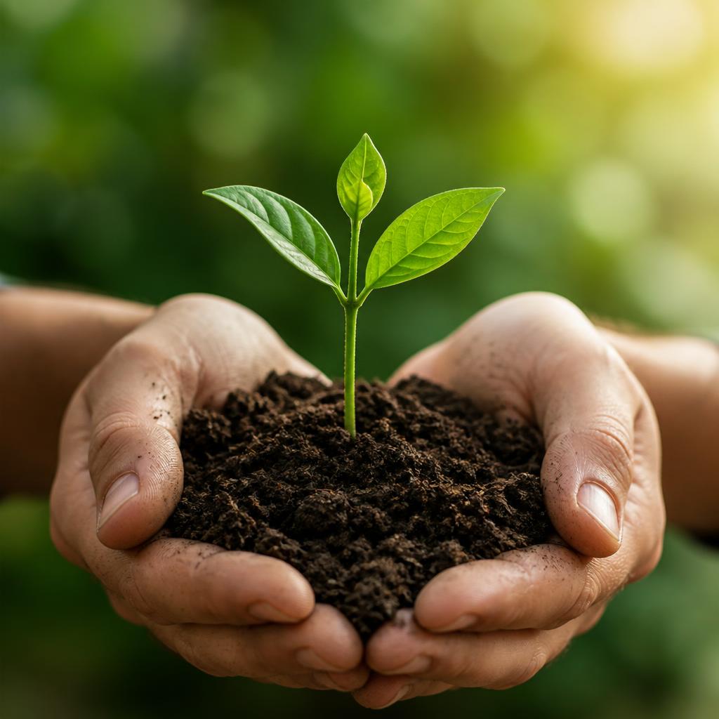 Mãos segurando terra com uma muda verde brotando